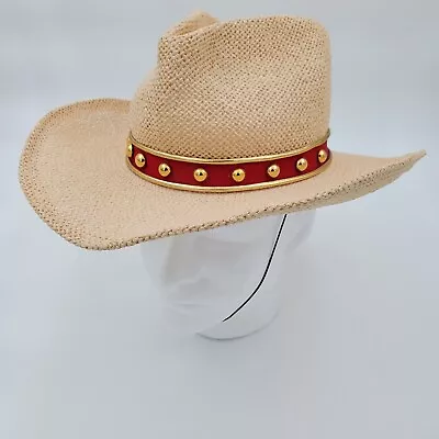 Michelle McGann By Sonni Straw Hat Gold Bling Red Strap Sun Hat Vintage • $18