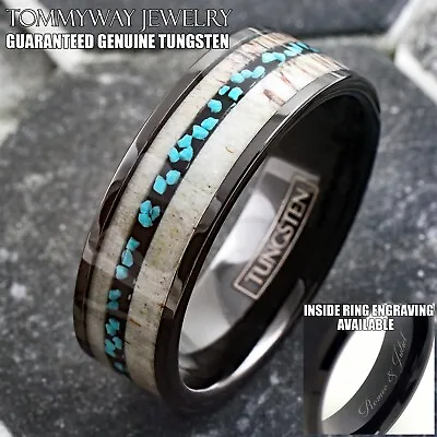 Personalized Engraved Black Tungsten Carbide Ring Deer Antler & Turquoise Band • $39.99