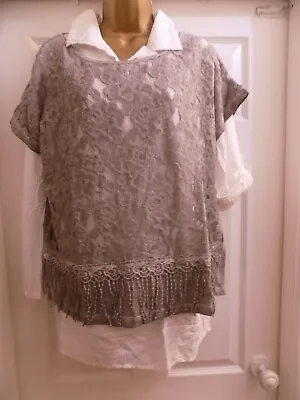 Ladies Linea Tesini White/Grey 2-in-1 Shirt Tasseled Lace Overlay Top Set Size 8 • £9.99