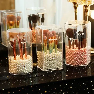 Clear Acrylic Makeup Brush Holder Organizer Cosmetic Storage Case White Pearls. • £7.73
