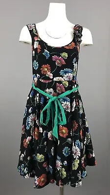 Moulinette Soeurs Floral Tank Flare Dress SZ 10 Black Pockets Tie Waist Zip Back • $23.19