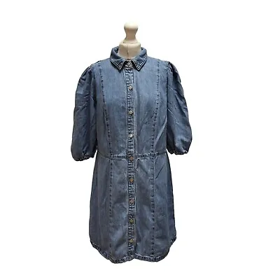 H&M Light Blue 3/4 Sleeve Button Front Denim Dress Uk Women's 18 W36 • £8.49