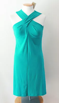 Michael Kors Criss Cross Halter Neck Tile Blue Dress Stretch Jersey XS $98 NEW • $29