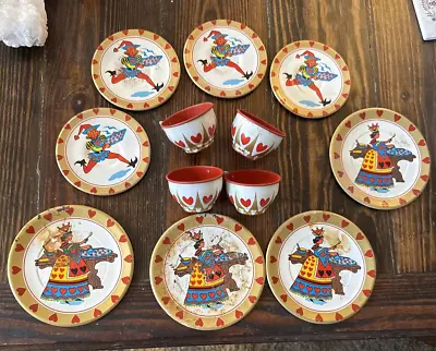 Vintage 1960's 12 Piece Litho Tin Tea Set Queen Of Hearts Toy Metal Cups Plates • $16