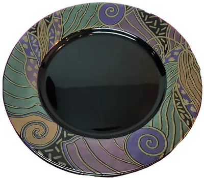 TAMPICO By ARCOROC France  Geometric Print Black Glass Salad Plates Set Of 4 • $35