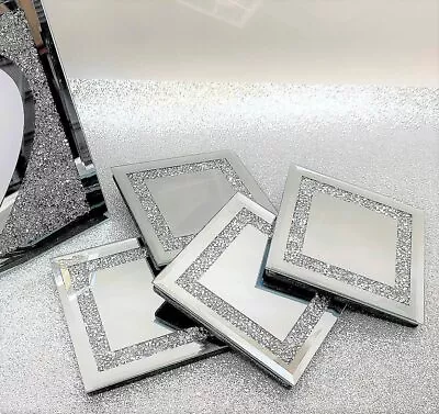 Set Of 4 Square Mirrored Crushed Crystal COASTERS Sparkle Table Diamond Glitter  • £9.99