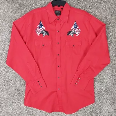 Vtg High Noon Red Western Snap Shirt USA Flag Wild Horse Embroidered Rodeo Sz Lg • $19.87