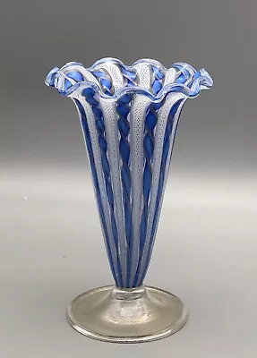 VTG Murano Venetian Art Glass Twisted Ribbon Latticino Blue White Trumpet Vase • $129.99