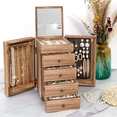 Jewelry Box Wood For Women 5-Layer Large Organizer Box With Mirror & 4 Drawers • $51.99