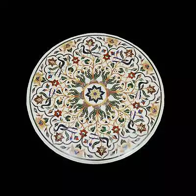 24'' White Marble Coffee Center Table Top Inlay Round Antique Peacock Mosaic Gj • $927