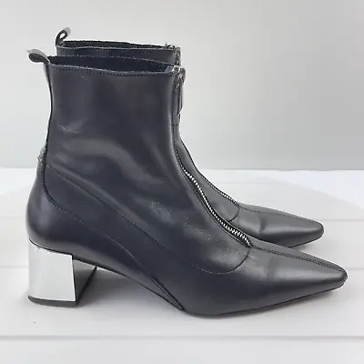 ZARA Trafaluc Size 7.5/EU 38 Black Square Heeled Ankle Boots Pointed Toe • $34.99