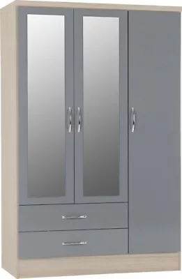 Nevada Light Grey Oak & Grey Gloss 3 Door 2 Drawer Mirrored Wardrobe • £230