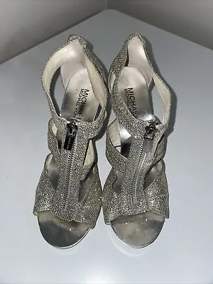 Michael Kors Berkley T-Strap Silver Metallic Glitter Heeled Sandals Size 7 • $25.99