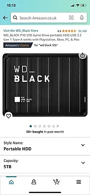 Western Digital WD Black P10 5TB External Hard Drive Xbox PS4 PS5 PC (no Box) • £120