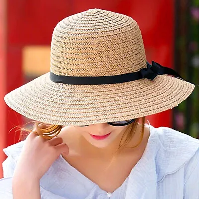 Women Straw Fedora Hat Trilby Cuban Summer Beach UVProtection Short Brim Sun Cap • $14.70