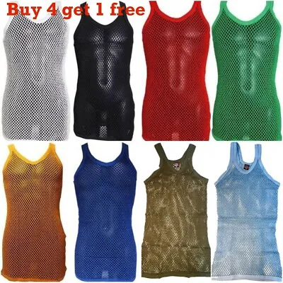 £6.99 • Buy Mens String Mesh Vests, Black, White Fish Net Tank Gym Tops, 100% Cotton, Fitted