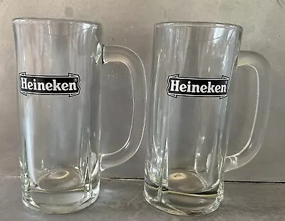 Vintage Heineken 1974 Logo Heavy Clear Glass Tall Beer Mug 6” Set Of 2 • $13.99