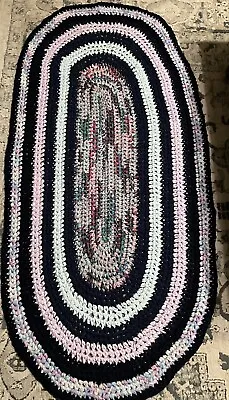 Vintage Handmade Crocheted Rag Rug EUC 63” X 27” Multicolor W/Blues Lilac Etc • $39.50