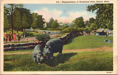 $3.50 • Buy C.1938 Hippopotamus Hippo W Crowd At Detroit Michigan Zoo Linen Postcard A530