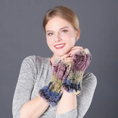 Women's Fluffy Real Rex Rabbit Fur Gloves Elastic Wrist Fingerless Winter Warm • $21.59