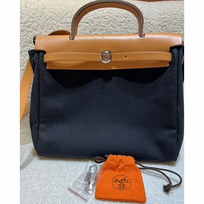 $2690.26 • Buy Auth Hermes Barenia Toile Herbag Beige & Black Canvas Women Satchel Shoulder Bag