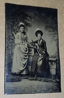 Civil War Era Tintype Photograph Of 2 Dressed Up Ladies With Parasols And Hats • $40