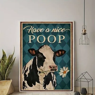 Cow Toilet Picture Canvas Art Modern Poster Print Friesian Cattle With Flower • £16