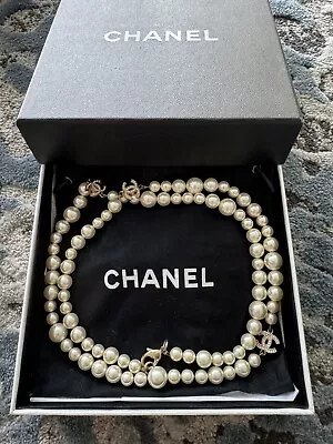 CHANEL Long White Pearl Gold CC Detail Necklace • $360.30