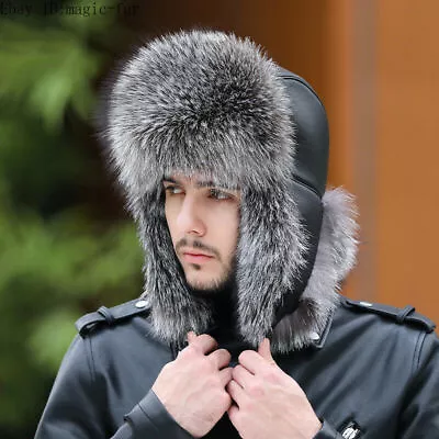 Men's Real Fox Fur Hat Russian Ushanka Cossack Trapper Hat Real Leather Cap • $37