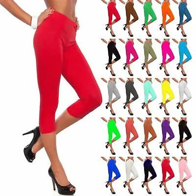 £3.99 • Buy Womens Plain Leggings Pants Three Quarter Jersey Workout Ladies Gym Fitness