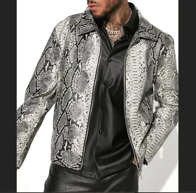 Men Gothic Gray Exotic Python Snake Texture Real Lambskin Leather Custom Jacket • $121.93