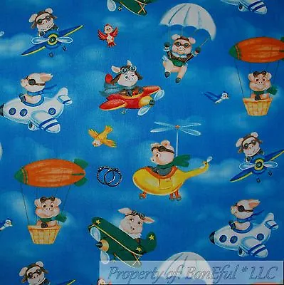 BonEful FABRIC FQ Cotton Quilt Blue Cloud Sky Pig Air*plane Bird Hot Air Balloon • $4.20