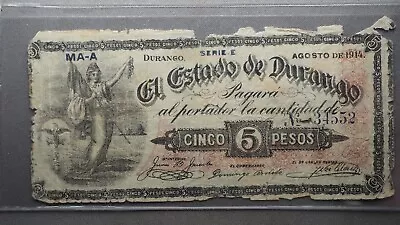 1914 Mexico Durango 5 Peso Series D  ** Nice Note ** Free***shipping *** 0904 • $5