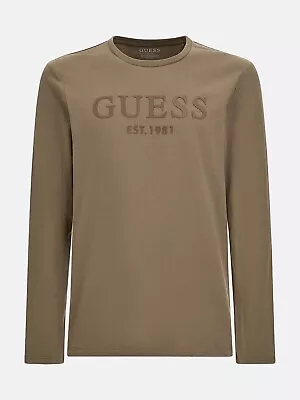 GUESS Men's T Shirt M2RI01J1311 FRONT Logo Rubber Green Long Sleeve Slim Fit • £36.99