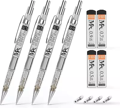 MozArt Mechanical Pencil Set 4 Sizes: 0.3-0.9mm 30 Lead 4 Eraser Clear • $14.49