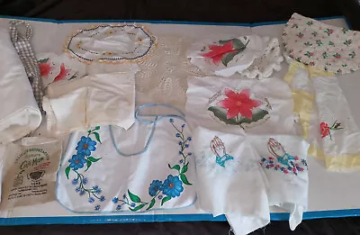 Vintage Linen Lot Apron Tablecloth Doilies Napkins Runners Pillowcases Embroider • $7.99