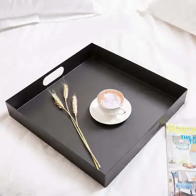 16 Inch Matte Black Metal Square Serving Tray With Oval Cutout Handles • $46.99