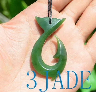 Green Jade Whale Tail Fish Hook Pendant NZ Maori Hei Matau Necklace • $49.99