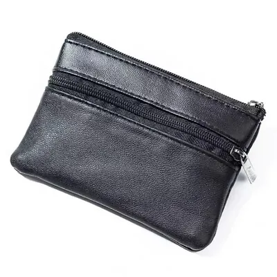 Unisex Black Small Coin Pouch Purse Key Holder Leather Zip Wallet Card Holder • £4.99