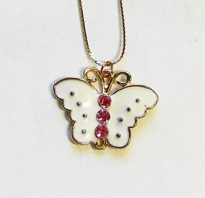 Vintage MC White Enamel/Pink Rhinestone Butterfly Pendant Necklace L16  • $14.99