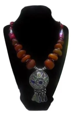  Magnificent Moroccan Berber Amber Beaded Enameled Necklace. • $45.49