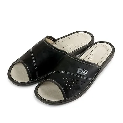 Men's Leather Slippers Hand Made Slip On Shoe Mules Black Open Toe Size 7 - 11.5 • £10.89