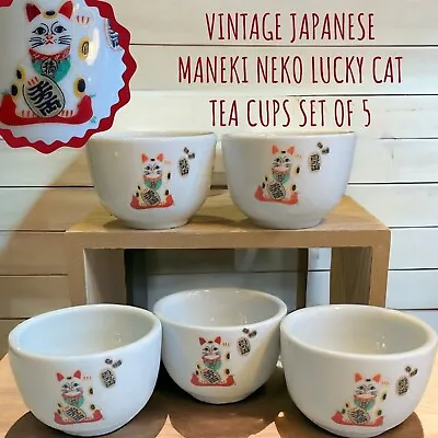 Vintage MANEKI NEKO Set Of 5 Porceline Tea Cups Good Fortune Cat Porcelain JAPAN • $19.99