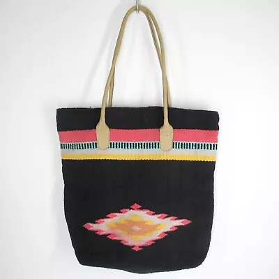 Ecote Tote Handbag Large Black Cotton Southwestern Blanket Wool Leather Handles • $20.07