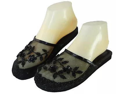 New StarBay Women's Solid Black Color Floral Beaded Mesh Chinese Slippers  • $2.99