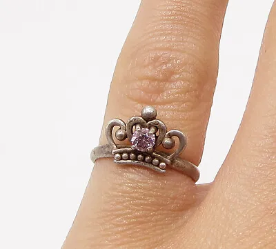 DISNEY 925 Silver - Vintage Pink Topaz Royal Crown Band Ring Sz 3 - RG3229 • $28.79