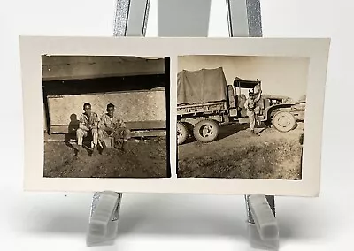 WW2 Era Diptych Photo U.S. GIs One Standing By Military Truck • $25.50