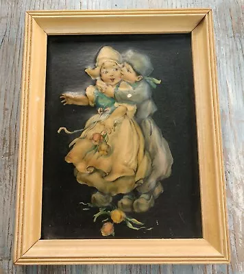 Vintage 3D Puffed Raised Relief Framed Art Print Holland Dutch Girl Boy Tulips • $30