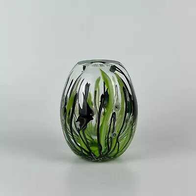 Signed Lee Hudin Art Glass Vase With Fish Sea Motif Circa 1977 • $695