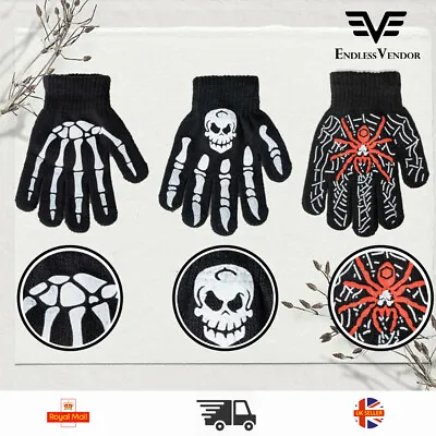 Kids Winter Thermal Magic Gloves Stretch One Size Skull Skeleton Spider • £2.29